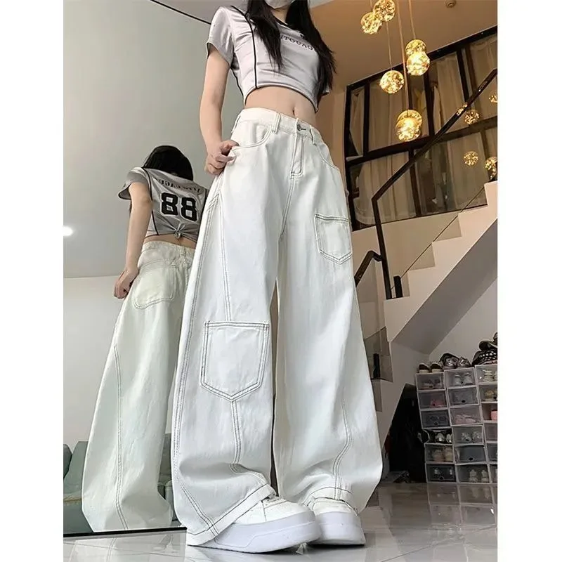 White Curved-cut Jeans for Women with Design Sense Clear Lines Pocket Drape High Waist Slimming Loose Wide-leg Long Pants Style