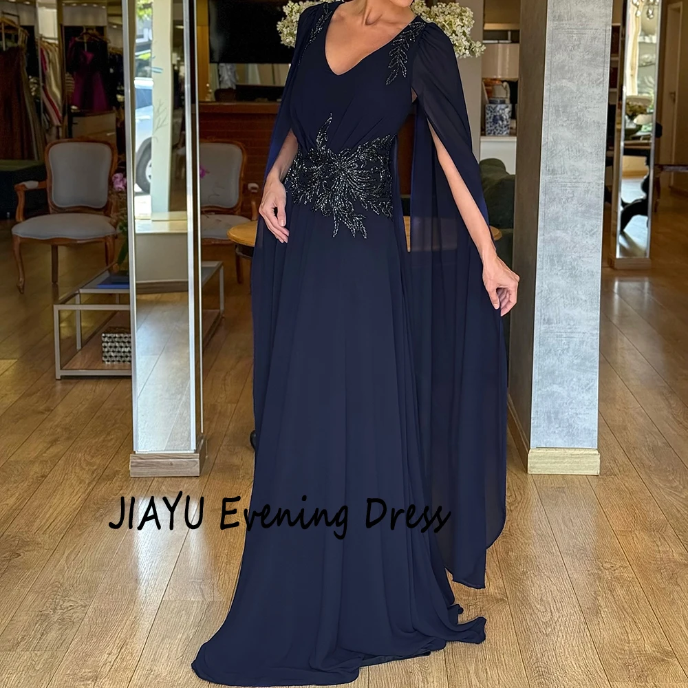 فستان سهرة شيفون أزرق كحلي مخصص برقبة على شكل حرف v بدون أكمام سويب تراين مطرز على شكل حرف a فستان الحفلات بطول الأرض فستان حفلات