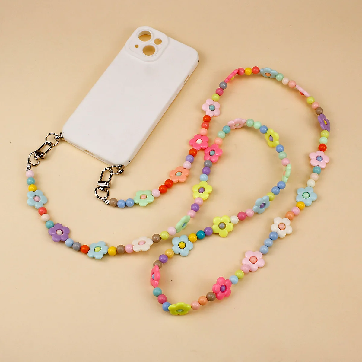 Colorful Flower Acrylic Bead Mobile Phone Hanging Rope Crossbody Phone Case Lanyard Decoration Pendant Anti Lost Strap Bag Chain