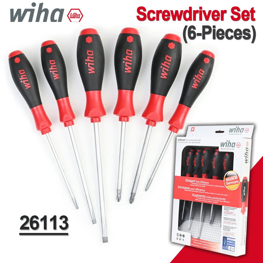 WIHA 6PCS Screwdriver Set Phiilps Slotted Pozidriv Screwdrivers Chrome Plated SoftFinish Screwdrivers 26113