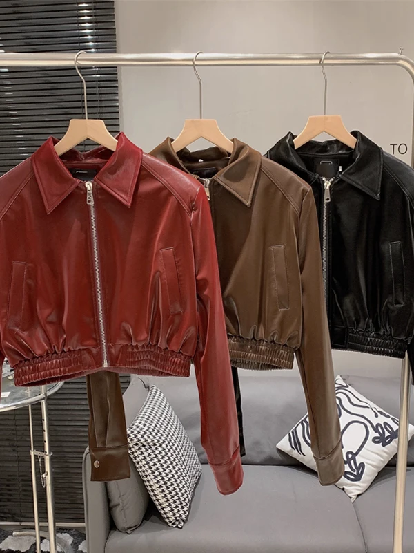 레트로 레드 스탠드 칼라 PU 가죽 재킷 여성용 2026년 봄 신상 홍콩 스타일 캐주얼 엘레강스 지퍼 코트