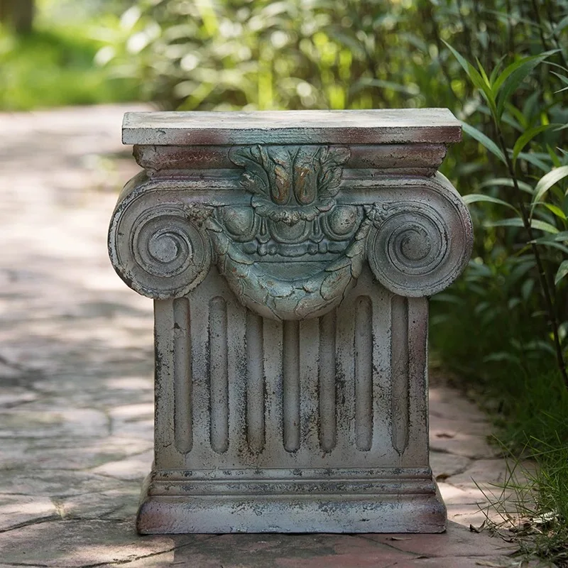 Decorative Roman Column Pedestal, Antique Gray Garden Statue, 21Lx38W x 48H cm, Classical Ionic Design