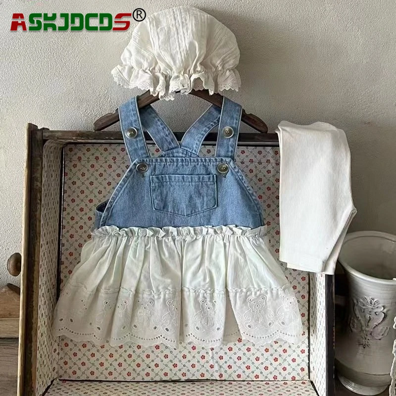 

2024 New in Infant Baby Girl Summer Sling Denim Patch Embroidery Bear Dresses Kids Toddler Cotton Clothing Children Cute Clothes