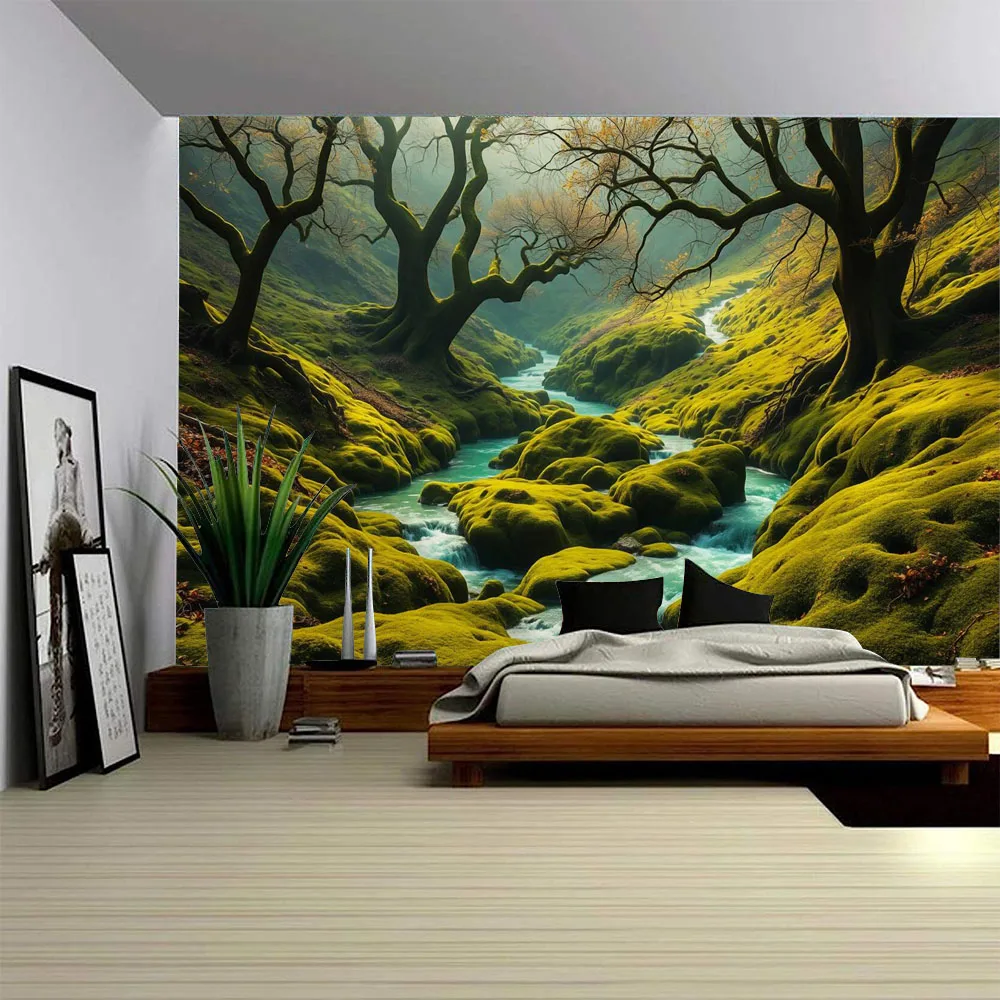 Large Scale Serene Green Forest Scenery Tapestry Primitive Fabric Mural Wall Mounted Background Decoration for Room