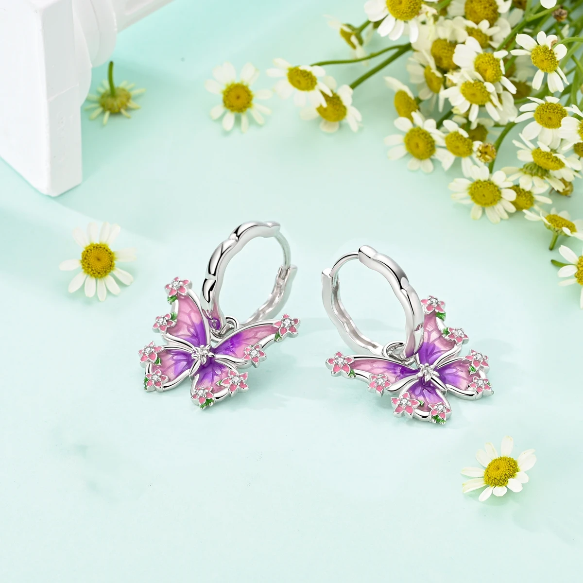 925 Sterling Silver Pink Flower Butterfly Eardrops Drop Earrings Women Earrings Charm Fashion Versatile Party Jewelry Gifts