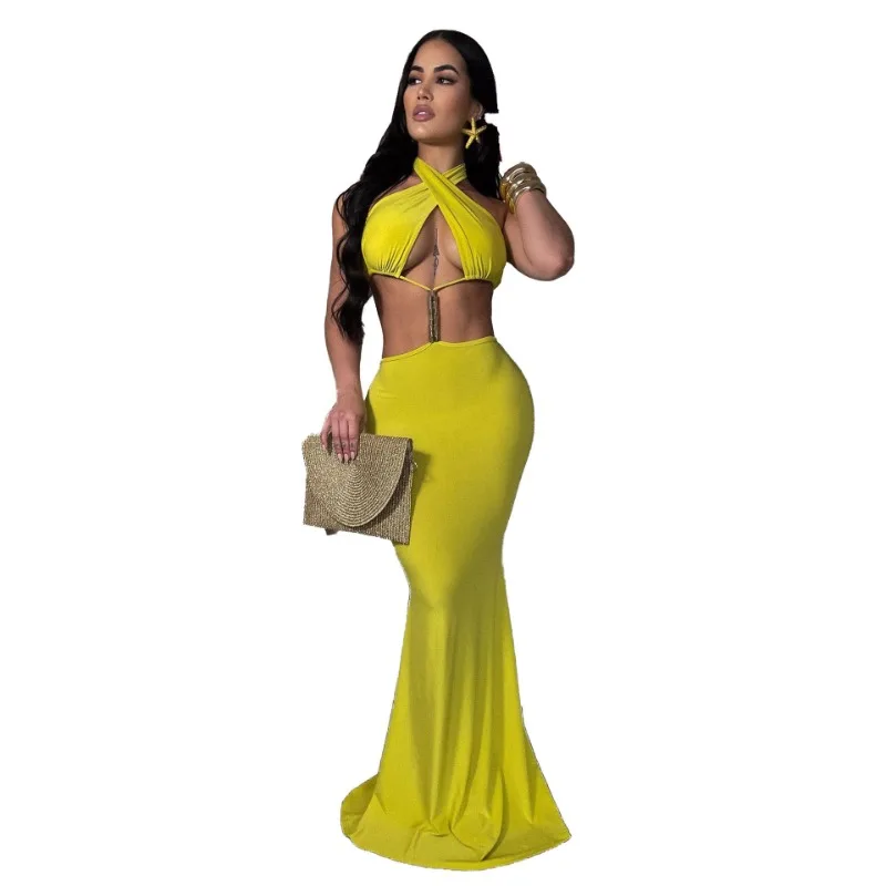 Women Elegant Sexy Solid Maxi Evening Party Dress Cross Halter Lace Up Backless Cut Out Bodycon Clubwear Long Robe Vestidos