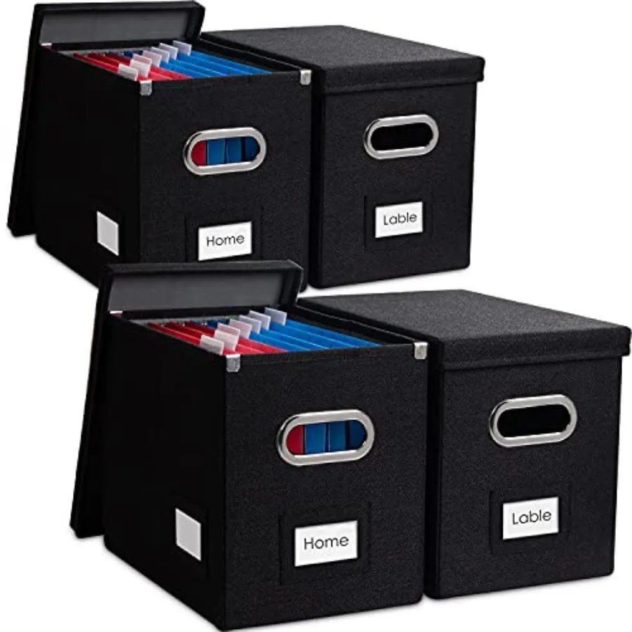 

File Organizer Box - Set of 4 Collapsible Decorative Linen Filing Storage Hanging File Folders with Lids Office Cabinet Letter