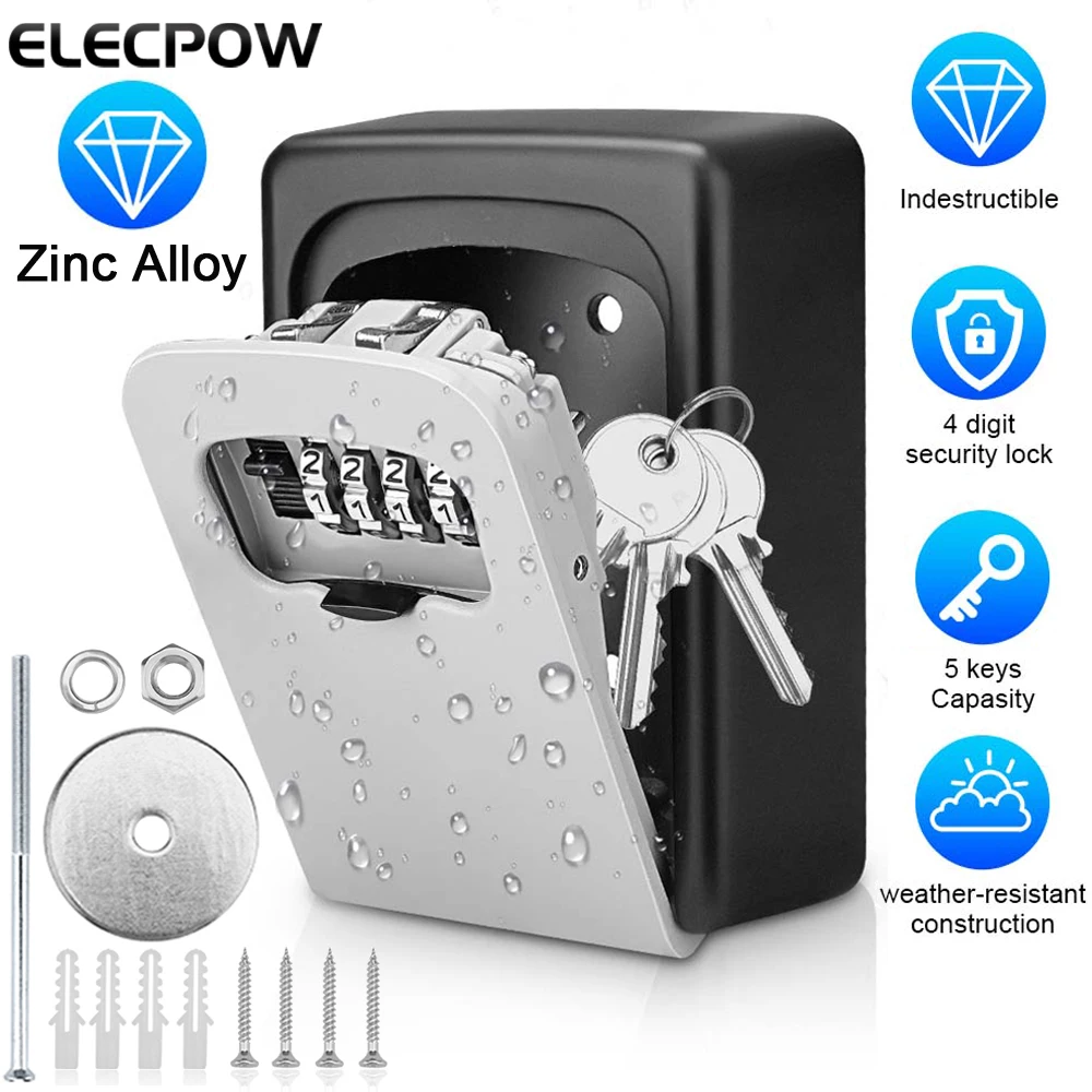 Elecpow Metal Material Password Lock Storage Box Outdoor Waterproof Wall Mount 4 Digit Password Key Box Anti Theft Lock Safe Box