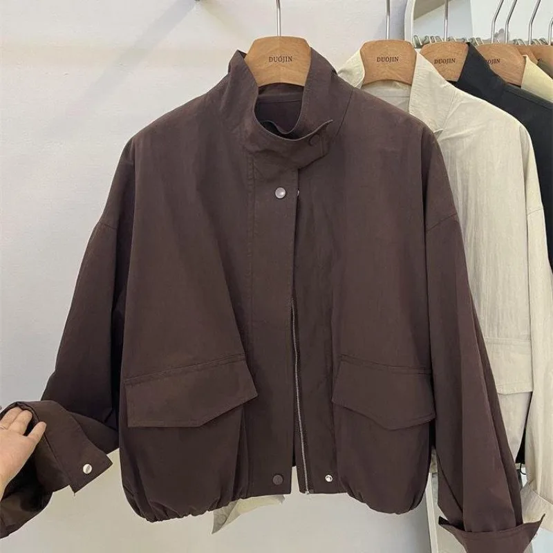 Spring Autumn Stand-up Collar Tooling Jacket Women's New Design Sense Niche Hong Kong Style Loose and Versatile Casual Chic Top