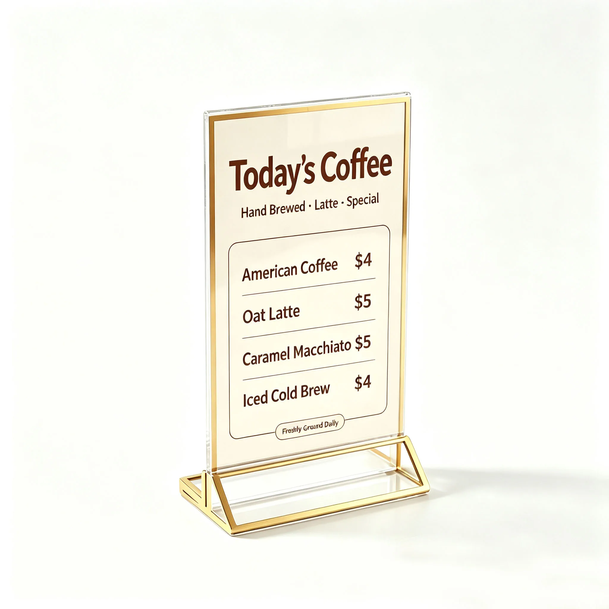 1 pcs Acrylic desktop display board with gold‑colored metal frame, pull‑out design, suitable for placing price lists