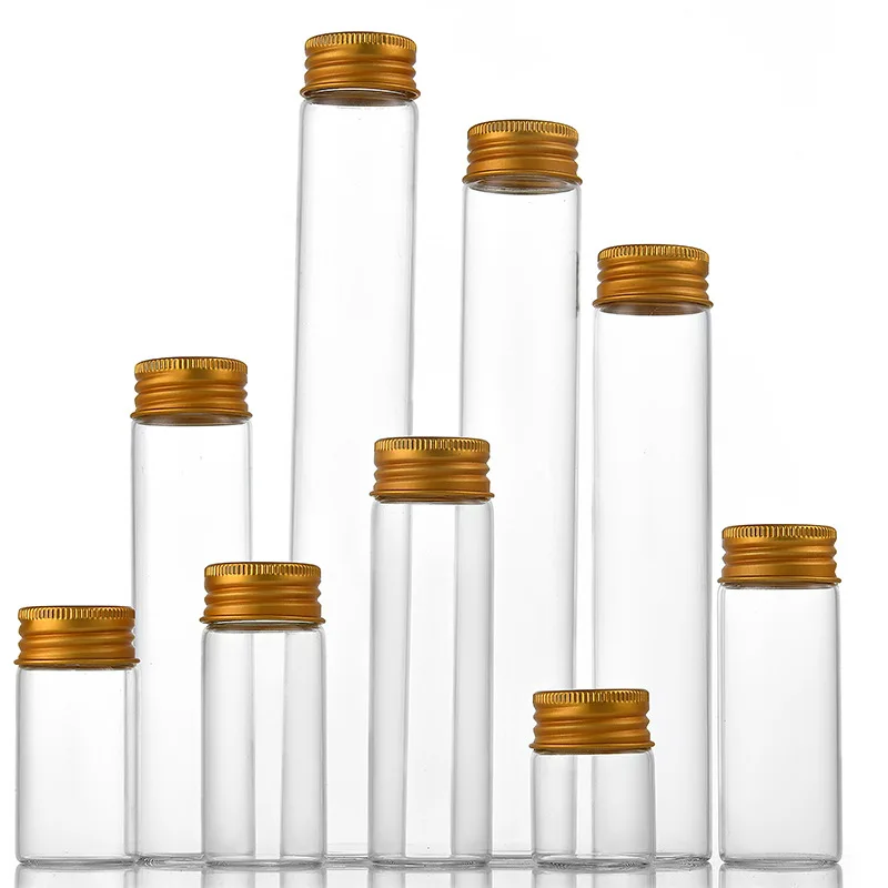 7-30ml Clear Glass Bottle With Aluminium Cap Gold Small Test Tube Candy Spices Storage Travel Empty Refillable Bottles