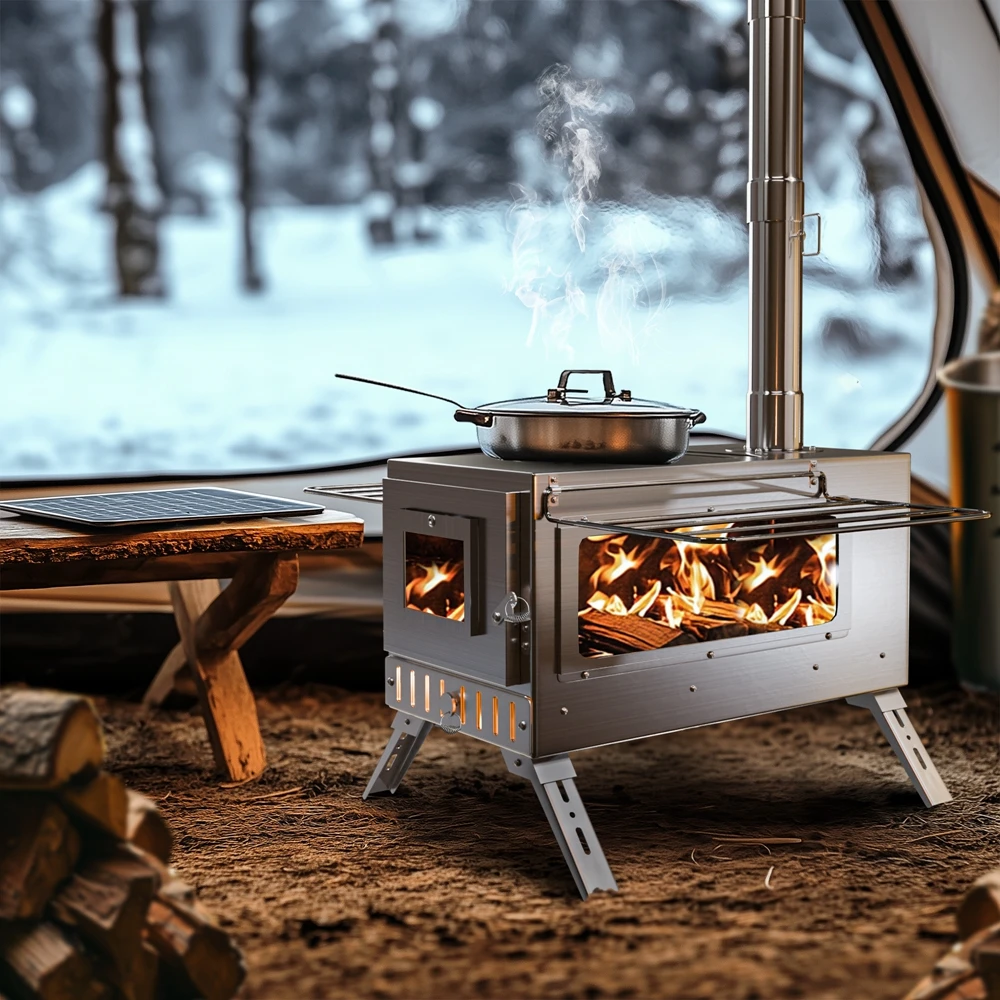 Portable Wood Burning Stove Stainless Steel Outdoor Cooking Heater Log Burner with 7 Chimney Pipes