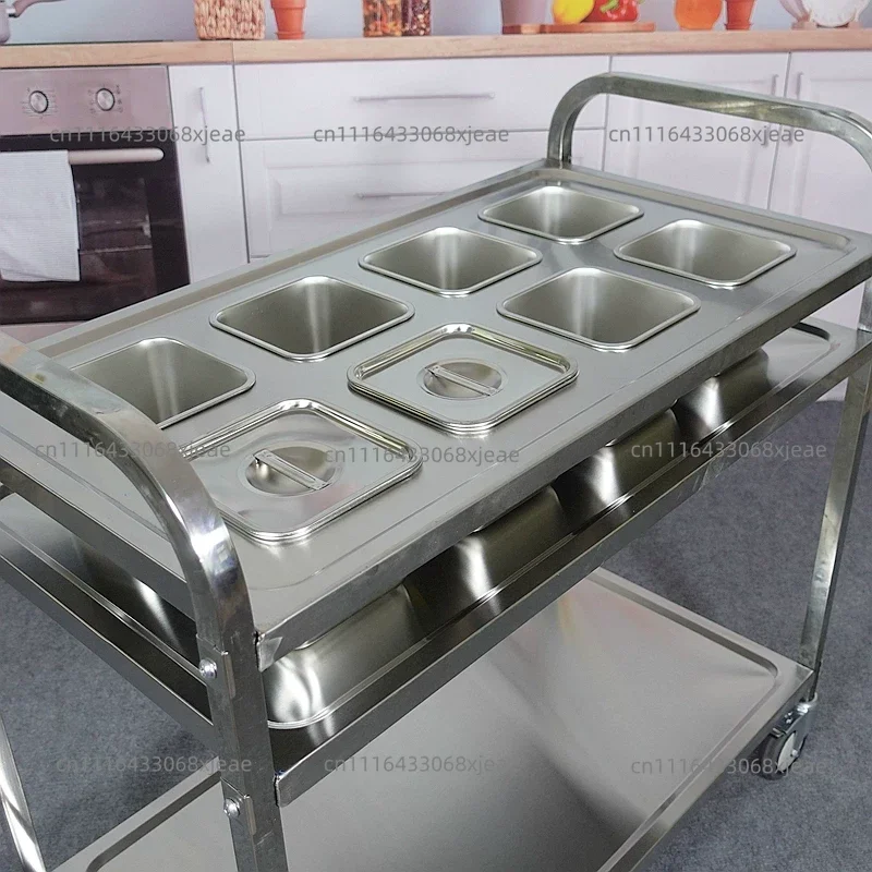 Stainless steel two-layer mobile seasoning truck, commercial self-service hot pot seasoning platform, thickened kitchen trolley