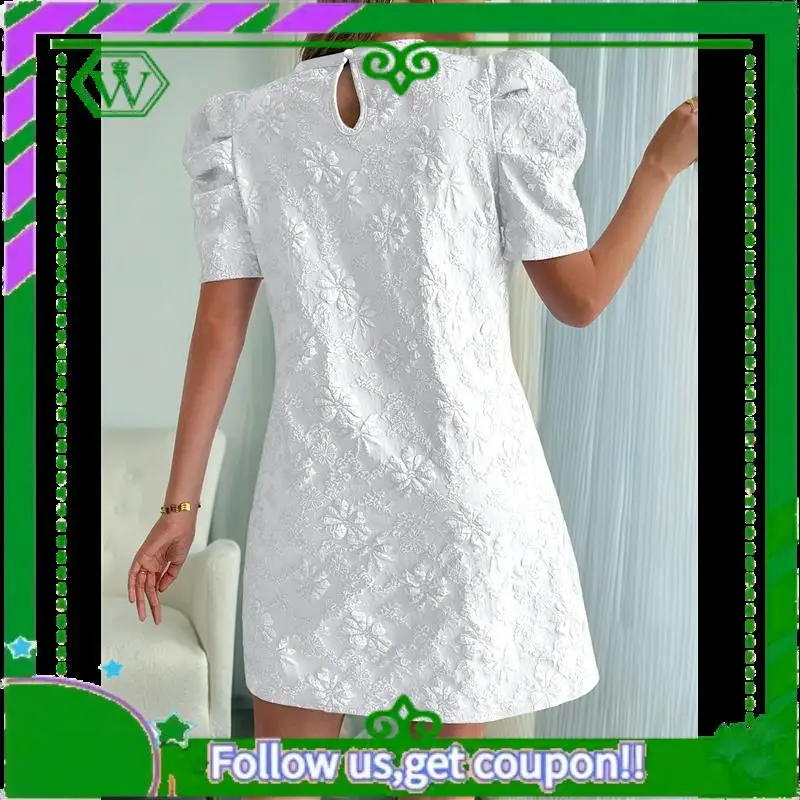 A18P-Women's Floral Puff Short Sleeve Mini Dress High Waist Summer Boho Short Dresses