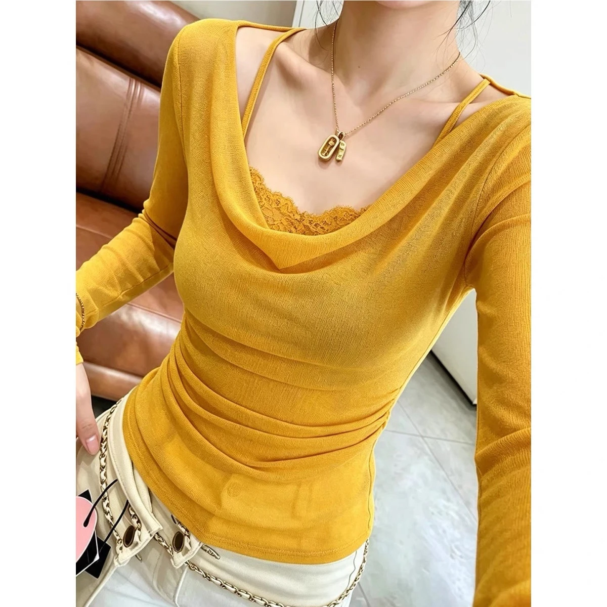 French Style Long Sleeve T-Shirt Women's Base Layer Top Yellow Lace Splicing Pleated Design Autumn Winter New Arrival