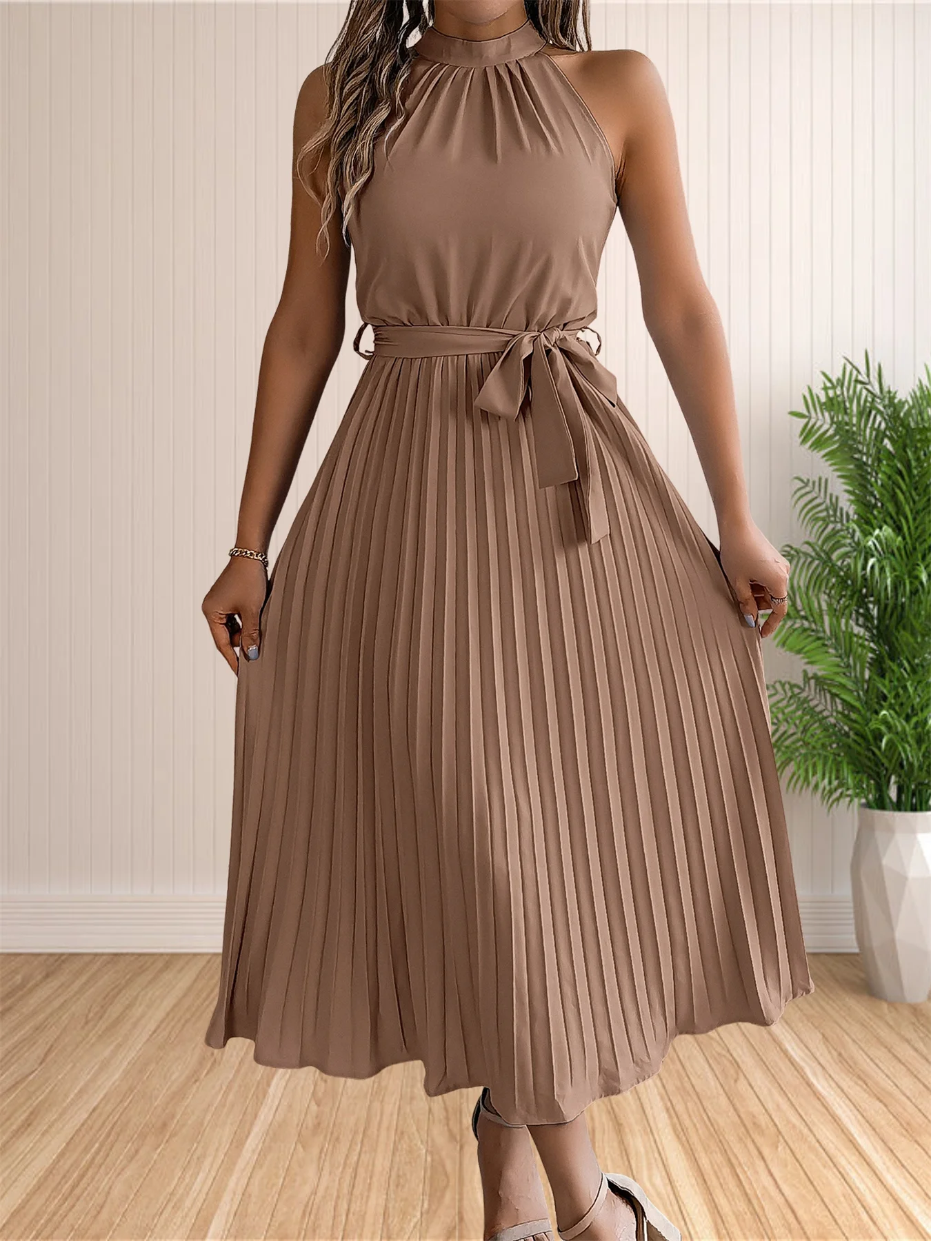 Damskie 2024 Letnie sukienki koktajlowe bez rękawów z dekoltem w szpic, plisowane sukienki koktajlowe Midi A Line Flowy Beach Sun Dress z paskiem