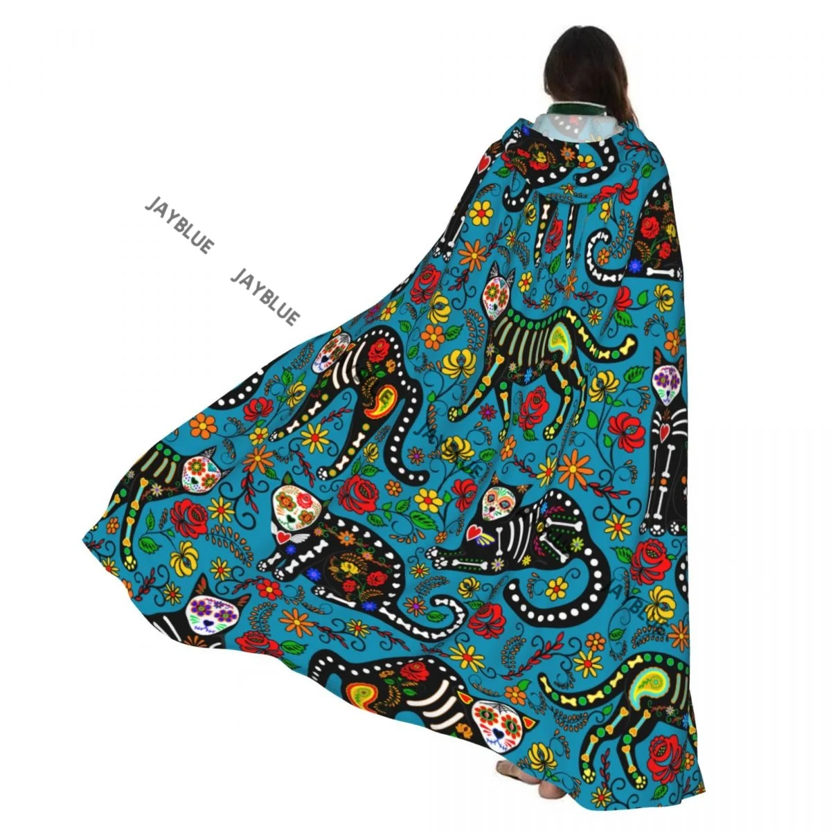 

Long Cape Cloak Calavera Sugar Skull Black Cats In Mexican Style The Day Of The Dead Hooded Cloak Coat Autumn Hoodies