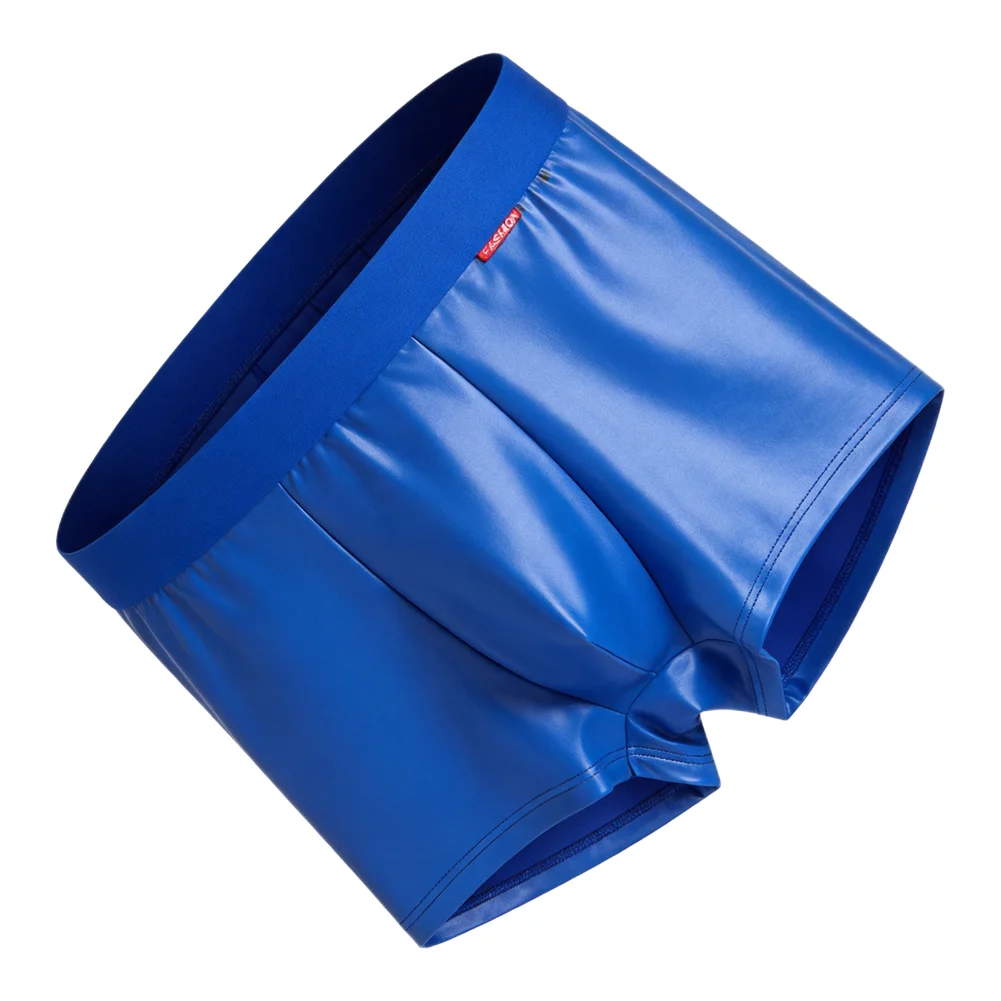 Blue,Black As Pictures Show Faux Leather Boxer U Convex Pouch 90 Polyester 10 Spandex Elastic Waistband Low Rise Cut