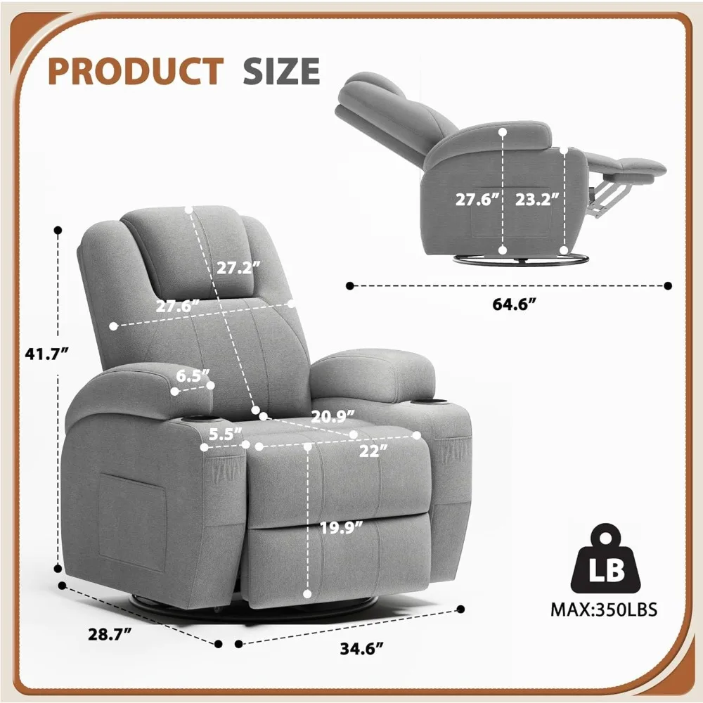 Ergonomic Swivel Rocker Recliner with Vibration Massage for Adults - 360° Rotation Lounge Chair