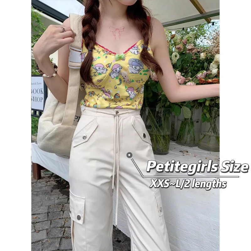 150cm Petite girls American Street Style Workwear Pants Women With Low Waist and Drawstring Straight Leg XS Nine Points Match