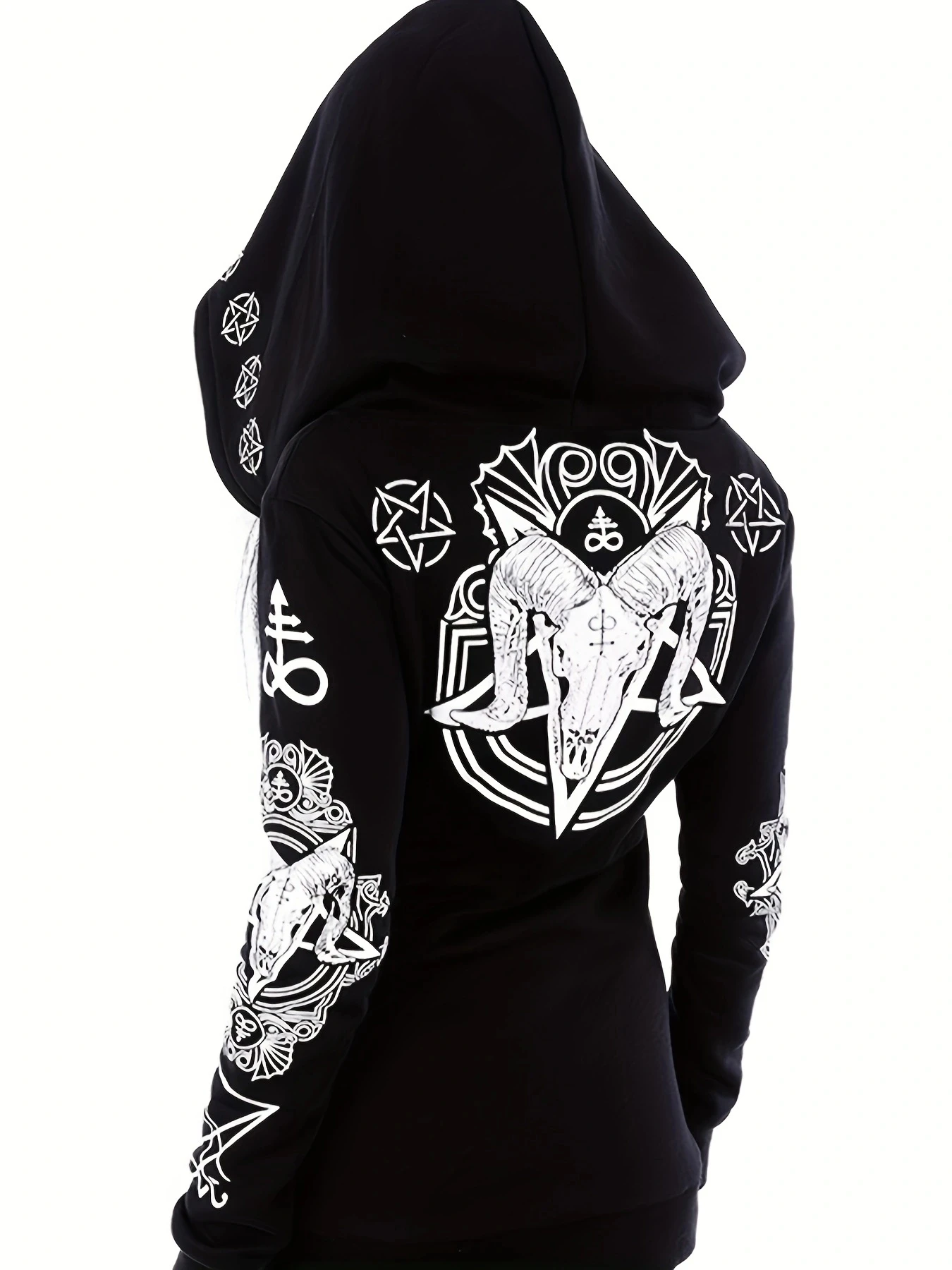 Womens Gothic Hoodie - Sun Moon Print Sweatshirt with Durable Zipper & Hooded Cardigan - Soft Fleece Lining, Punk Goth Style, Pe