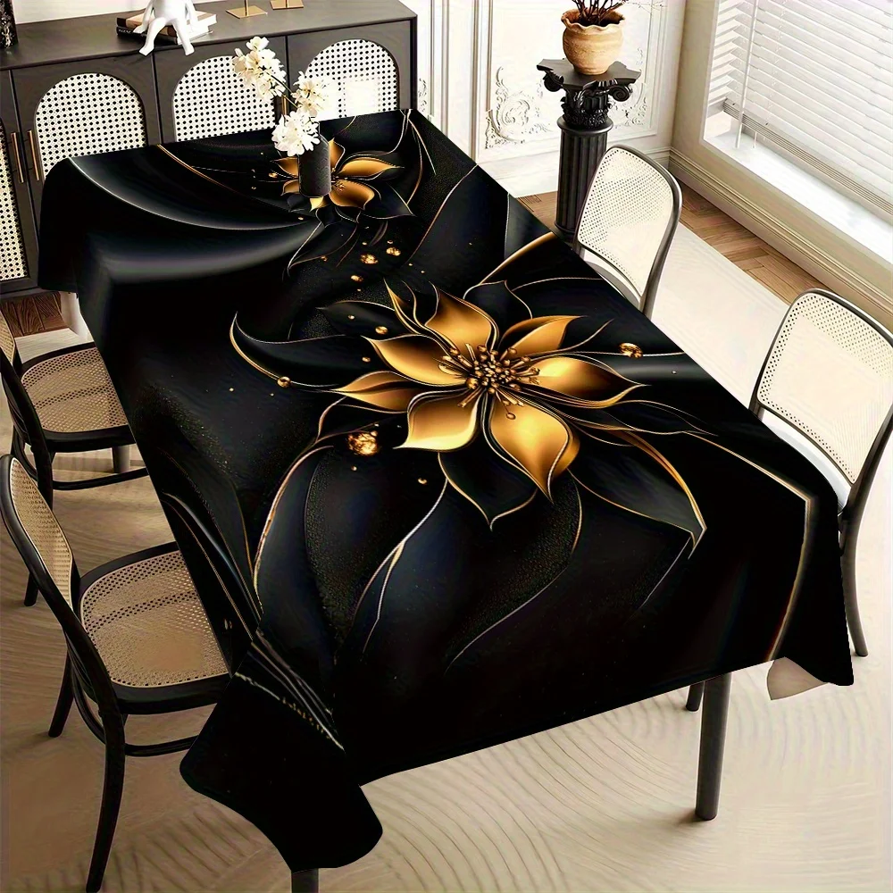 One black with gold trim floral printed tablecloth - Washable polyester rectangular table cover, suitable for banquetszyc
