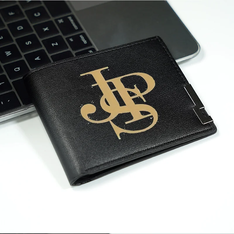 JP 모노그램 로고 블랙 PU 가죽 지갑 미니멀리스트 비즈니스 스타일 컴팩트 디자인 내구성 경량 일상용