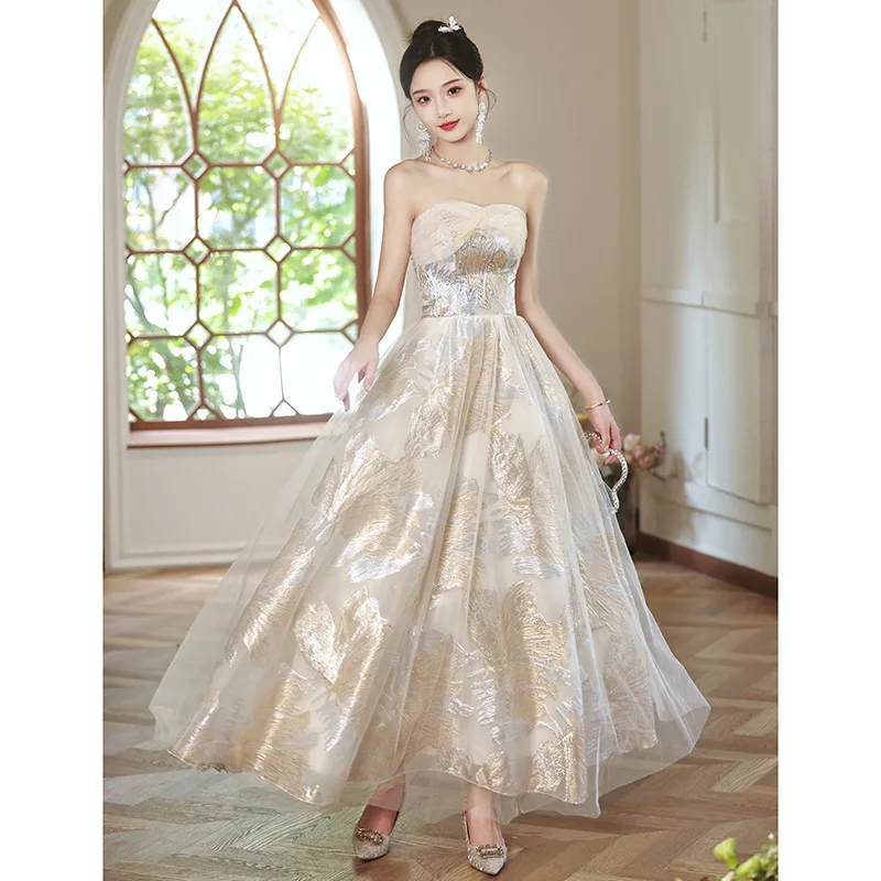 Champagne Color Bra Evening Dress Women's Light Luxury Light Gauze Adult Gift Birthday Party Dresses Graduation Vocal Art Dress