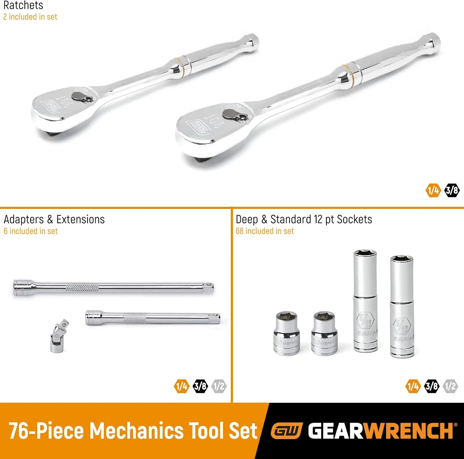 76 Pc. 1/4" & 3/8" Drive 12 Pt. Standard & Deep Mechanics Tool Set, SAE/Metric - 80948