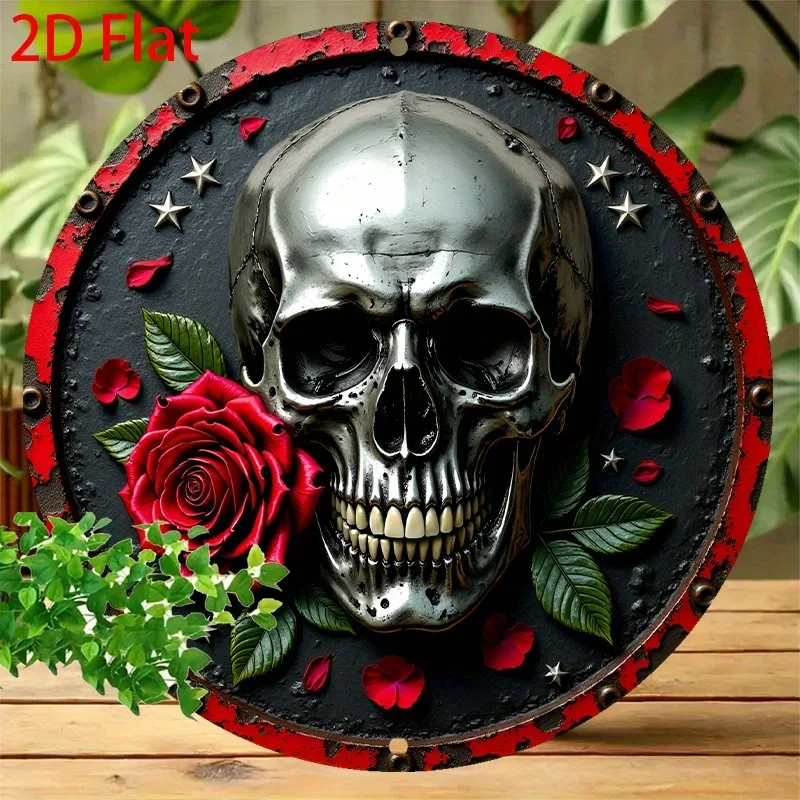 2D Flat, 1pc Vintage Gothic Metal Wall Decor - Skull & Rose design with Red Roses - Heavy Duty Aluminum Plaque - Dark Gothic Met