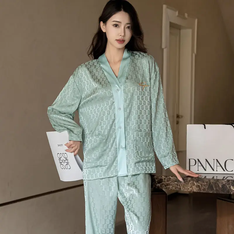 Pijamas Women Long-sleeved Ice Silk Pajamas Women's 2025 Summer Loungewear Silk Suit Spring and Autumn Can Be Worn Outside 2pcs