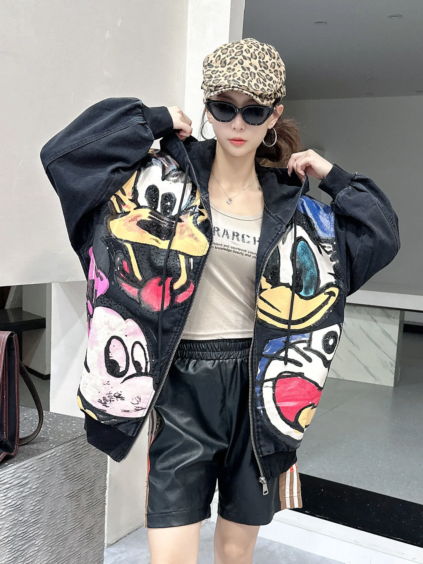 

Trendy Bla Cartoon Patterned Loose Women's Denim Jaet Medium-Length Glittering Casual Breathable Cotton Outerwear