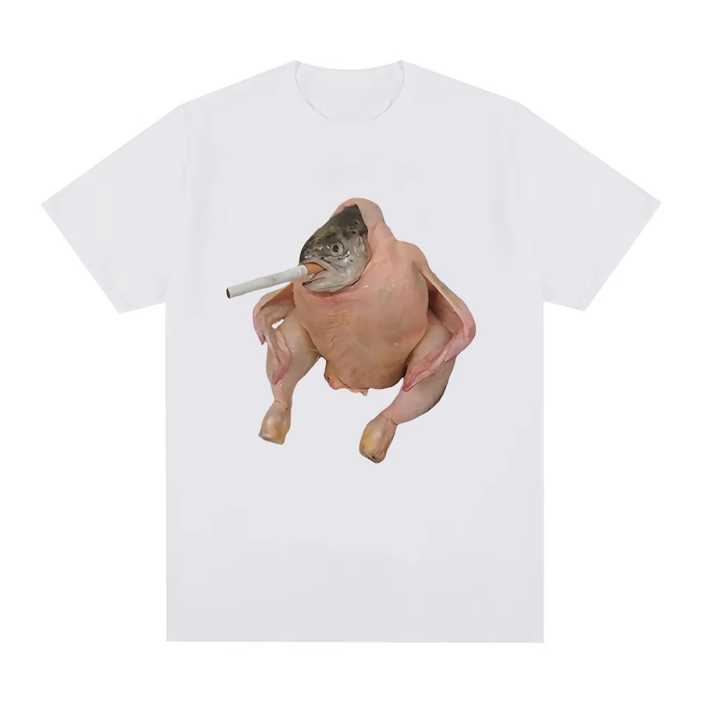 魚の顔の鶏がタバコを吸っている ミーム Tシャツ 面白い メンズ レディース服 原宿 Tシャツ ユニセックス コットン グラフィック Tシャツ