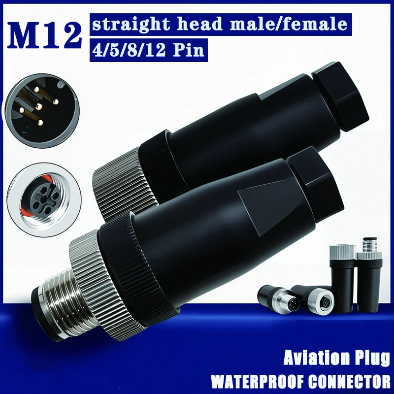 5PCS M12 A type Waterproof IP67 Aviation Plug Sensor Power Connector Bend Angle Male&Female Plug 4 5 8 12 Pin  Solderless Socket