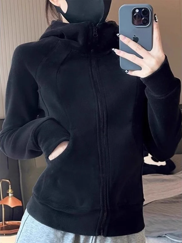 

Women's Fce Lined Hoodie Jaet Bla Thiened Autumn Spring Outerwear Zipper ket Warm Sli Commute Sle Coat