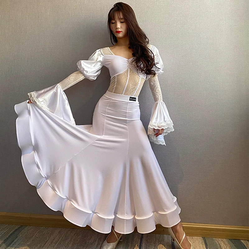 2024 Ballroom Dance Dress Women Puff Sleeves Black White Lace Tops Skirt Prom Waltz Dance Clothes Performance Costume BL12274
