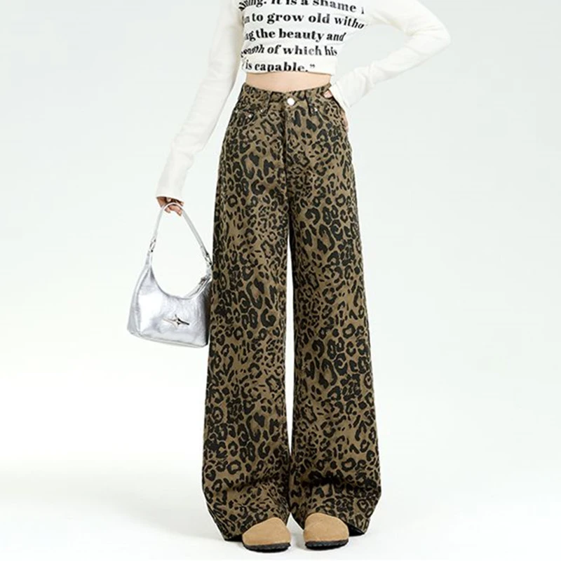 جينز نسائي عالي الخصر بطبعة الفهد من FINEWORDS جينز واسع الساق بطول كامل جينز كوري فضفاض عتيق