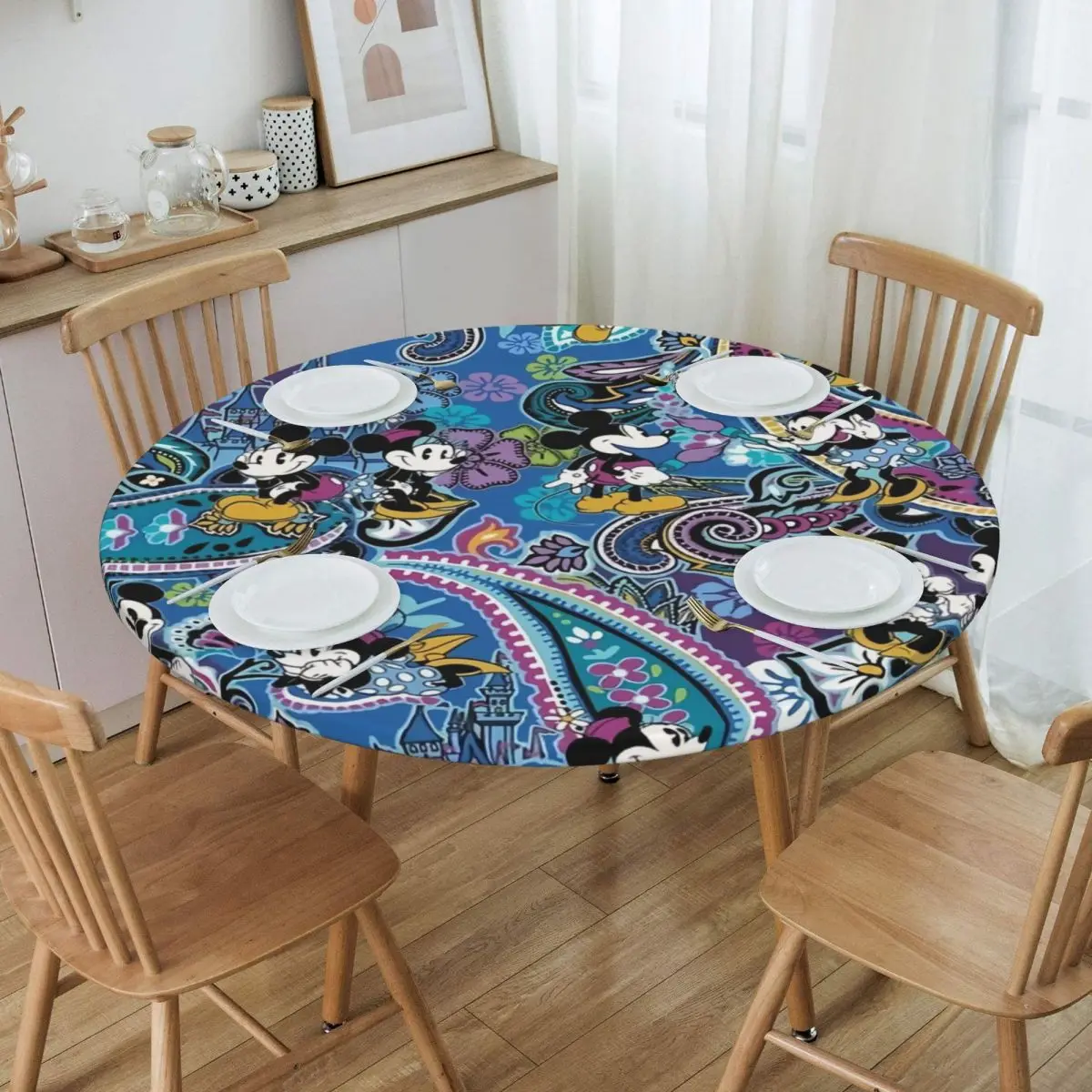 Round Waterproof Disney The Mickey Mouse And Donald Duck Cover Elastic Fitted Table Cloth Backed Edge Tablecloth for Dining