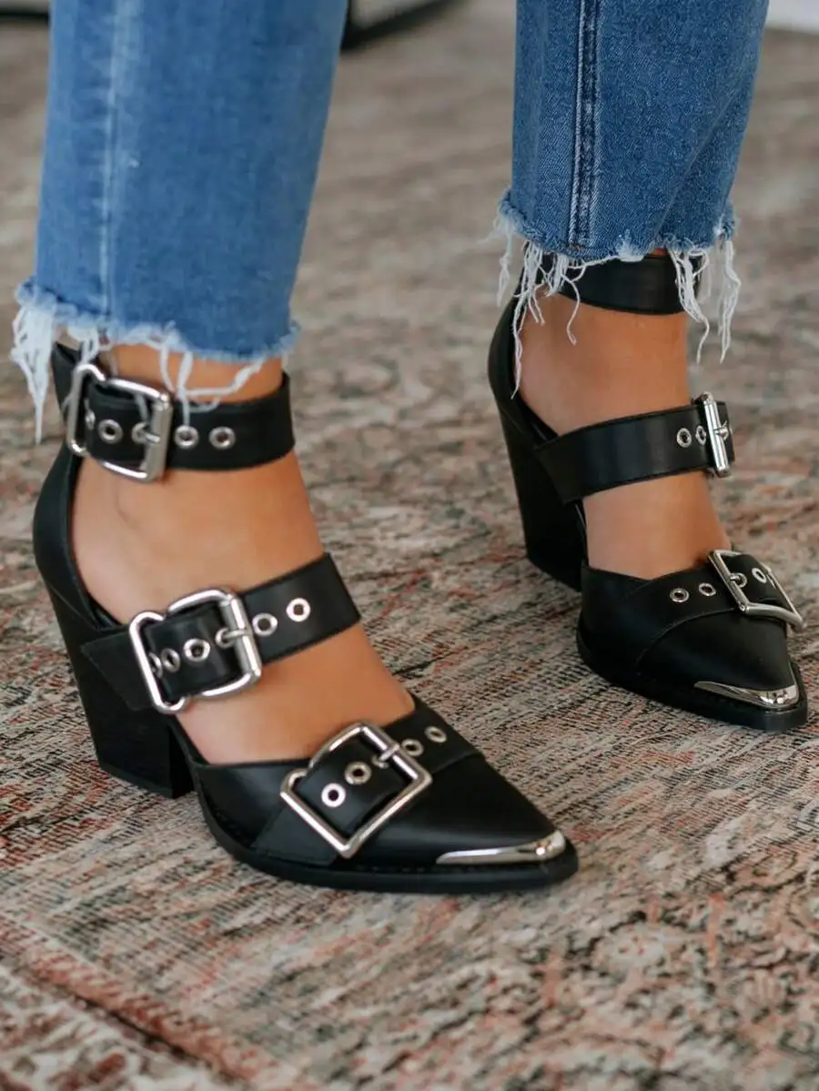 

Womens Chunky Heel Sandals Pointed Toe Buckle Strap Roman Style