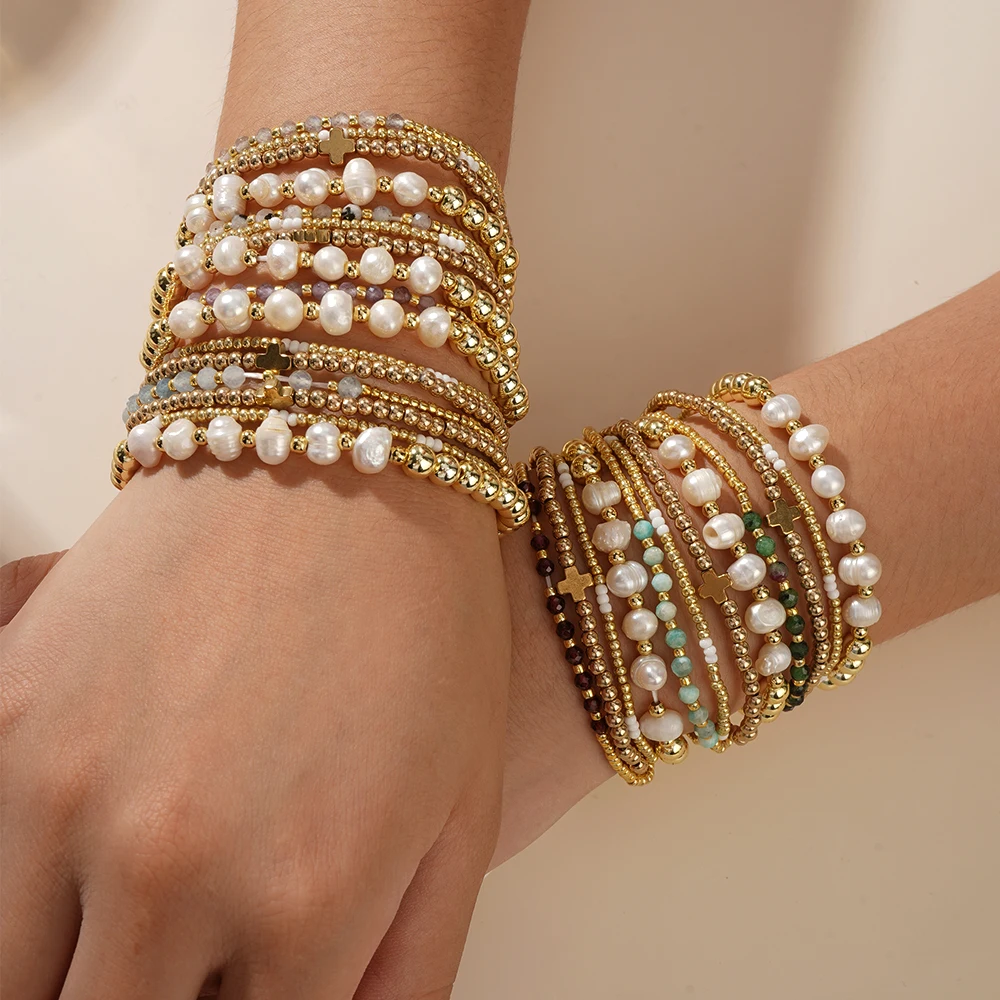 

Go2Boho Women's Fashion Jewelry Freshwater Pearls & Natural Stone Stack Friendship Gifts 18K Gold Plated Beaded Bracelets Set