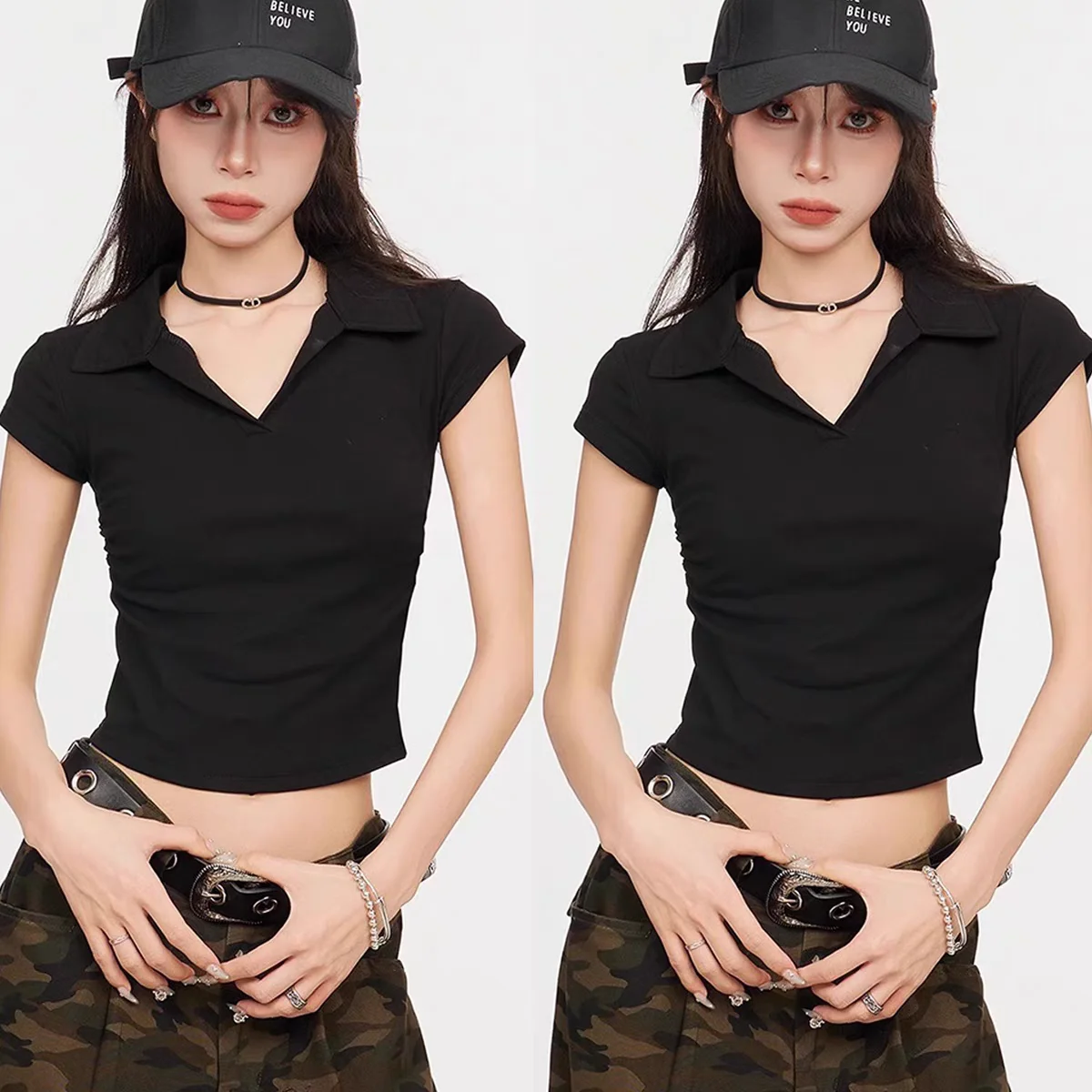 Cotton Summer Sexy Women's T Shirt Skinny Slim Basic Solid Crop Top Short Sleeve Polo TShirtCasual Top Tee for Women - Image 2