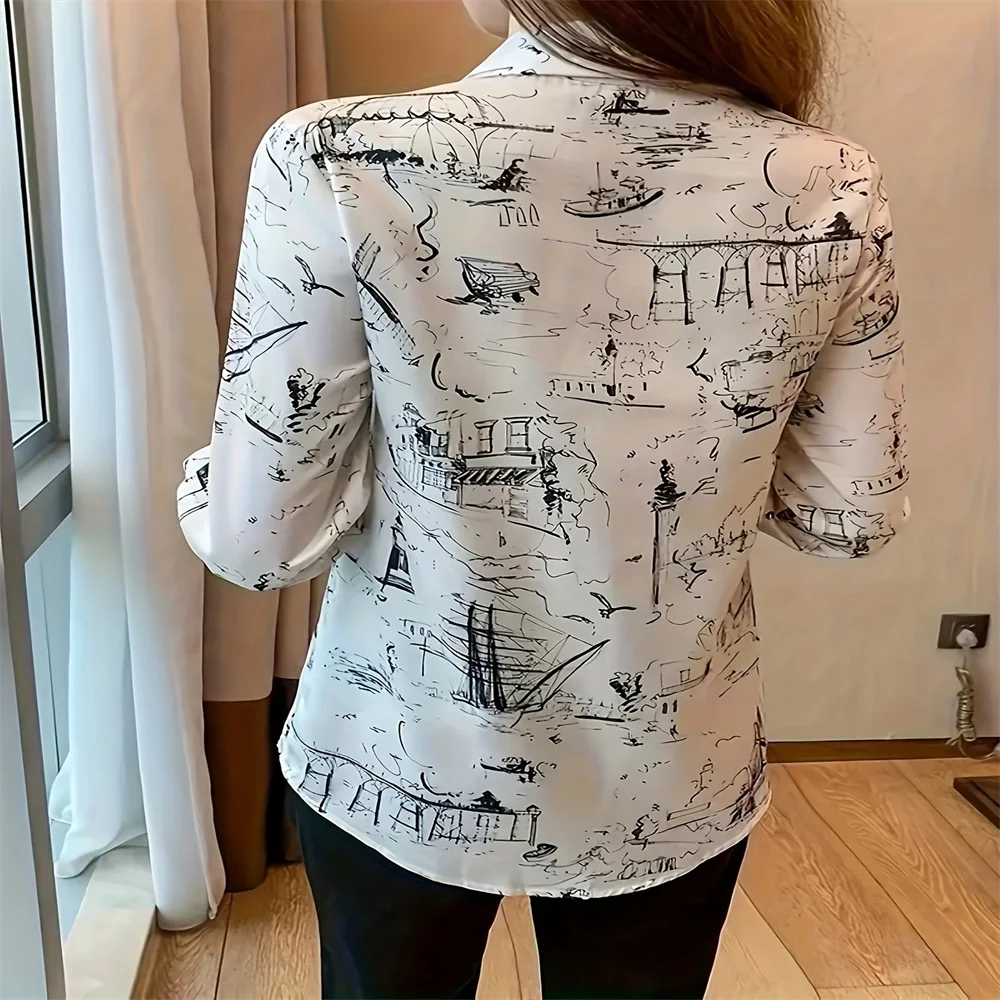 Printed Long Sleeved Shirt - Casual Button Front Design Pocket Details Loose Fit Soft Fabric Suitable For Daily Women's Fashion