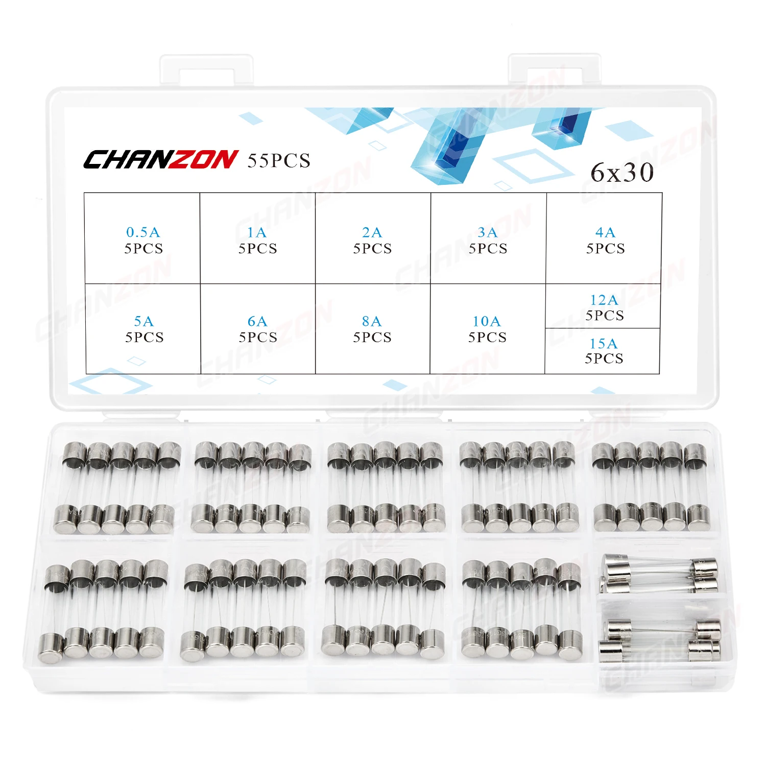 ブローガラスチューブフェスセット、ボックス付き各種キット、6x30、0.5a、1a、2a、3a、4a、5a 6a、8a、10a、12a、15a、250v、125v、12v、55個