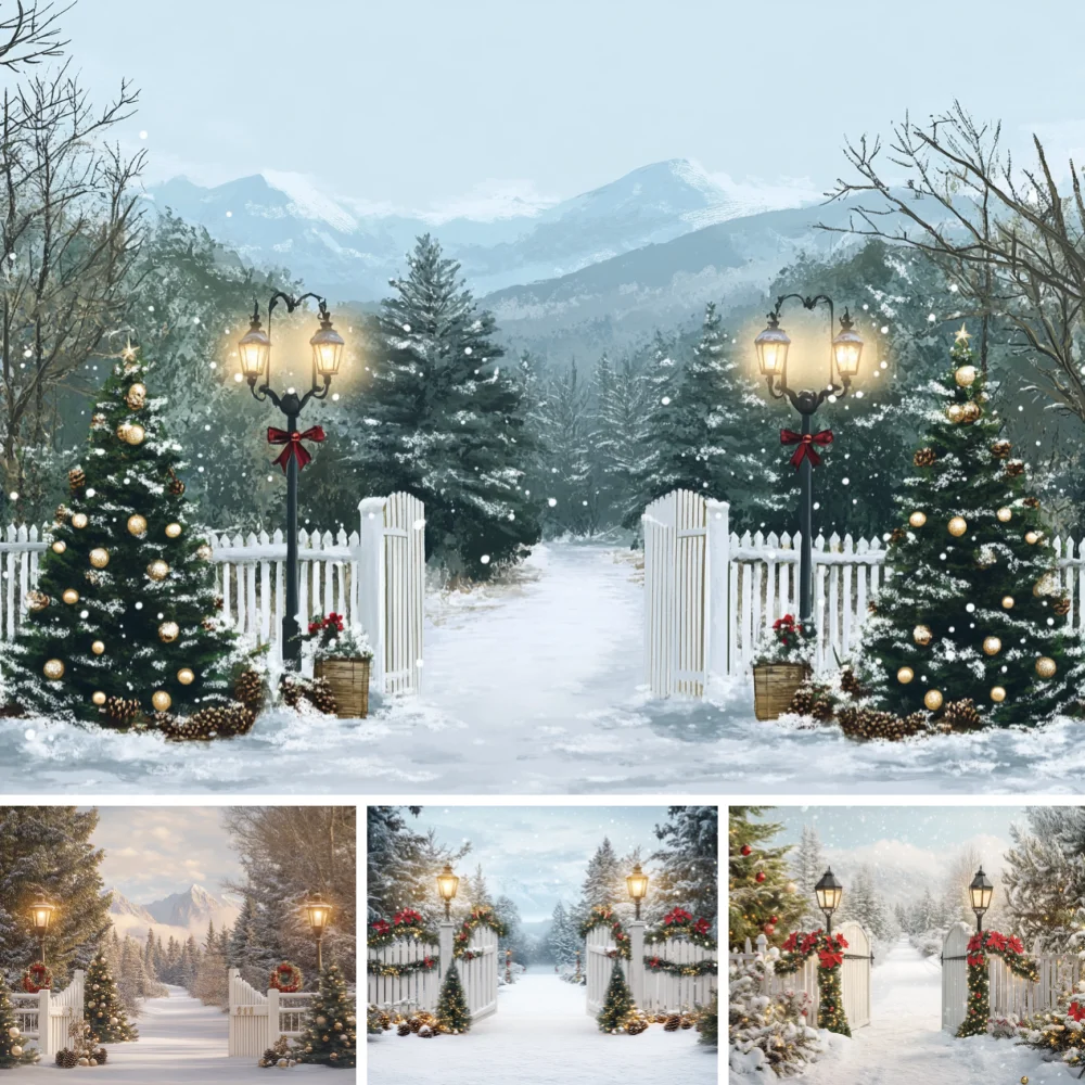 Outdoor Snow Xmas Photography Backdrop White Fence Path Double Lantern Red Bow Golden Bauble Pine Tree Photo Booth Background