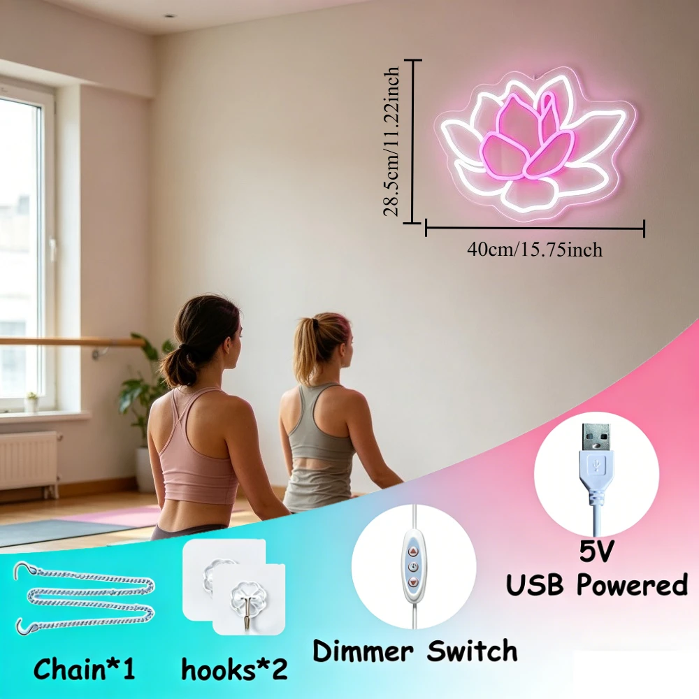 Lotus Flower Neon Sign LED Light Decor USB Rechargeable Wall Art Sign for Bedroom Yoga Studio Meditation Space Desk