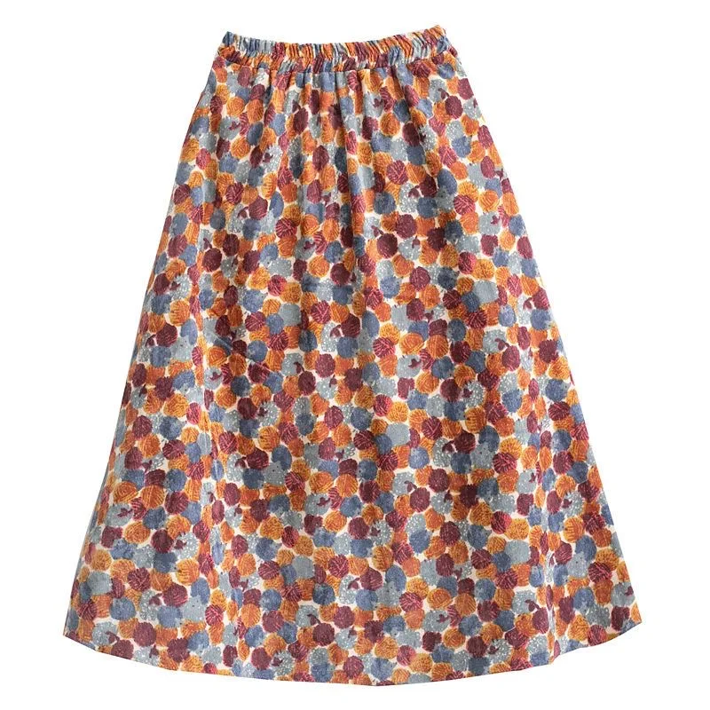 Vintage Vrouwen Rokken Retro Corduroy Midi Rokken Vrouwen Bloemenprint Hoge Taille Een Lijn Rokken Vrouwen Faldas Vrouwen Kleding Nieuw