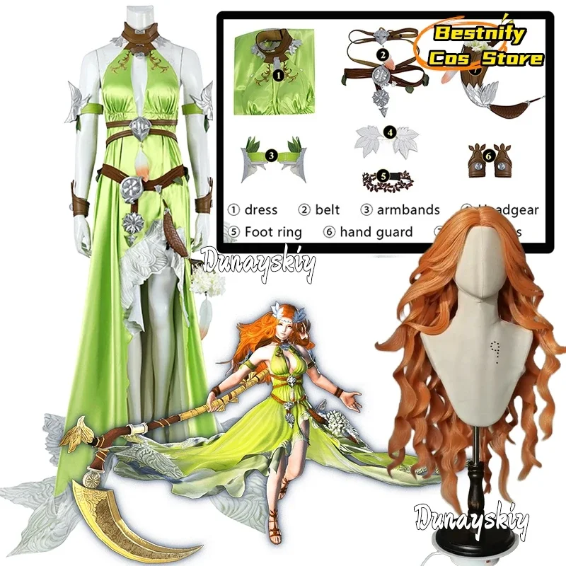 

CosplayFF14 Nophica Cosplay Costume Final Fantasy XIV COS Clothing Sexy Light Green Long Dress With 100cm Brown Wig Party Woman