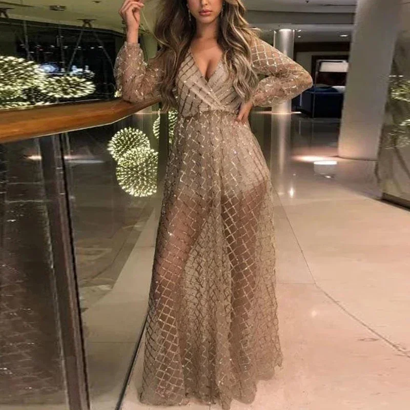 Women's Sequin Mesh Evening Dress Fashion V-neck High Waist Pleated Prom Dress Elegant Ladies Backless Long Dress Vestidos 2024