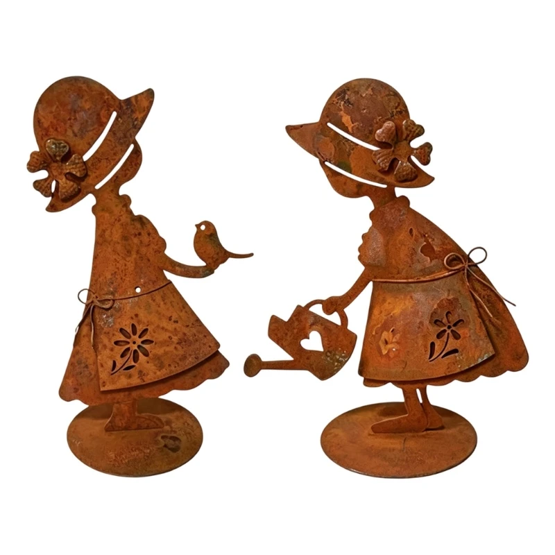 E1PC Girl Garden Figurine Iron Decoration with Open Skirt Detail and Wide Round Base for Porch, Balcony, Patio, Lawn, and Indoor