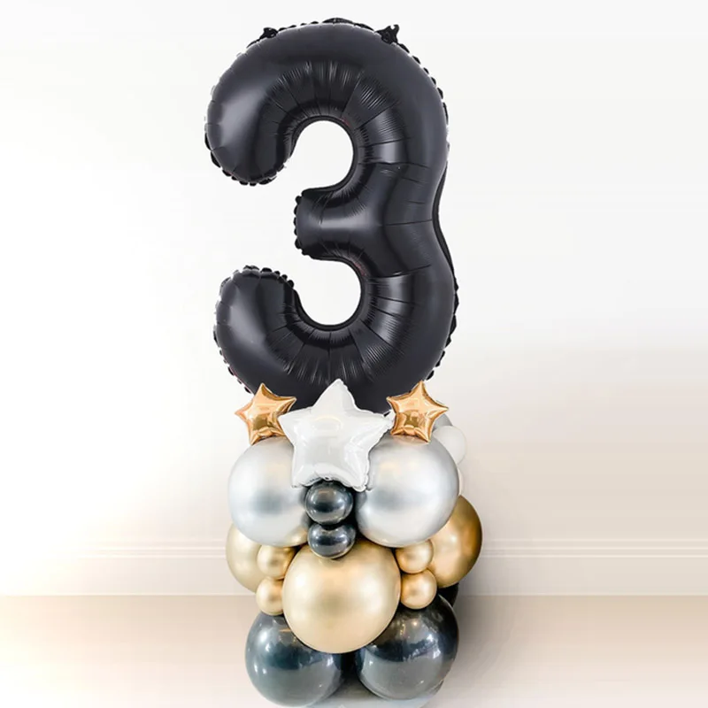 23pcs Chrome Gold Black Number Foil Balloons 1st Birthday Party Decorations Kids Boy Girl 1 2 3 4 5 6 7 8 9 Year Old Supplies